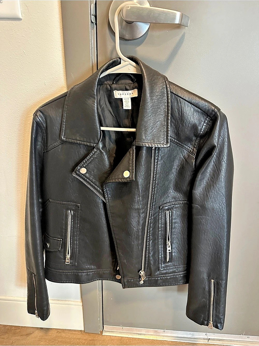 Topshop Petite Faux Leather Biker Jacket Black, Size 8